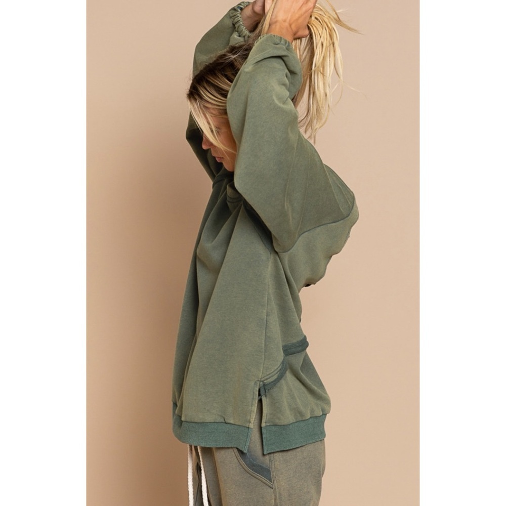 POL Olive Green Criss Cross Back Pullover | Vintage Wash French Terry Sweatshirt - Picture 3 of 11